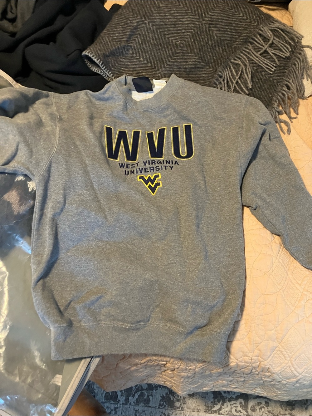 Vintage Gray WVU Crewneck Sweatshirt with Yellow Logo